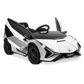 Kidzone Kids Electric Ride On 12V Licensed Lamborghini Sian Roadster Battery Powered Sports Car Toy With 2 Speeds, Parent Control, Sound System, Led Headlights & Hydraulic Doors - White