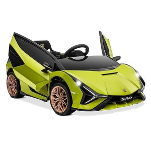 Kidzone Kids 12V Electric Ride On Licensed Lamborghini Sian Roadster Motorized Toy Car With Remote Control, Wheels Suspension, Led Lights & Music - Green With Gold Rim
