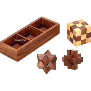 Tosqp27 Teens Adults Gifts Handcrafted 3 In One Wooden 3D Puzzle Games Set Includes Wood Interlocking Blocks Diagonal Burr And Snake Cube In Storage Box