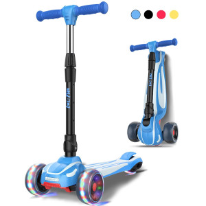 Lol-Fun Scooter For Kids Ages 3-5 Years Old Boys Girls With 3 Wheel Led Lights, Extra-Wide Childrens Foldable Kick Scooter For Kids Ages 6-12 Toddler With 4 Adjustable Height And Lean-To-Steer - Blue