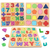 Wooden Puzzles For Toddlers, Wooden Abc Alphabet Number Shape Puzzles Toddler Learning Puzzle Toys For Kids 1-3 Years Old, 3 In 1 Early Education Letter Puzzle For Toddlers 2-4 Years Old