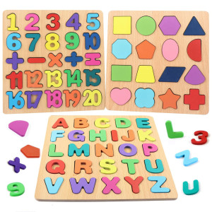 Wooden Puzzles For Toddlers, Wooden Abc Alphabet Number Shape Puzzles Toddler Learning Puzzle Toys For Kids 1-3 Years Old, 3 In 1 Early Education Letter Puzzle For Toddlers 2-4 Years Old