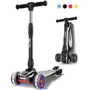 Lol-Fun Scooter For Kids Ages 3-5 Years Old Boy Girl With 3 Wheels, Extra-Wide Children Foldable Kick Scooter Kids Ages 6-12 Toddler With 4 Adjustable Height And Lean-To-Steer - Black