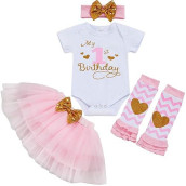 My 1St Birthday Outfit Baby Girl Short Sleeve Romper Tutu Skirt Sequins Bow Headband Leg Warmers Clothes 4Pcs Set (Pink3, 9-12 Months)