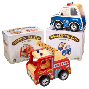 Imagination Generation Fire Engine And Police Cruiser Emergency And Rescue Two-Pack - Wooden Wheels Fire Truck And Police Car Toys Playset - Made From Natural, Safe Beech Wood For Toddlers And Kids
