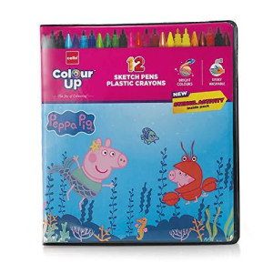 cello colourup Peppa Pig colouring Kit 12 Sketch Pens, 12 Plastic crayons, Peppa Pig Stencil Hobby Stationery for Kids and Art Lovers (cel1011937)