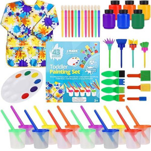 J MARK Toddler Painting Set with No Spill Paint Cups- 32 Piece Washable Paint for Kids with Water Based Tempera Toddler Paint, Brushes, Art Smock, Mixing Palette, Kids Paint Supplies
