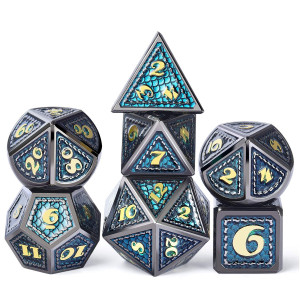 Dndnd Metal Dice, 7 Pcs Dragon Scale Metallic Dnd Die With Gift Metal Case For Dungeons & Dragons D&D (Teal With Black Edge)