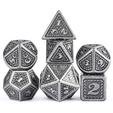 Dndnd Dragon Scale Metal Dice Set, 7 Pieces Polyhedral Metallic Die With Gift Metal Case For Dungeons And Dragons D&D (Ancient Silver)