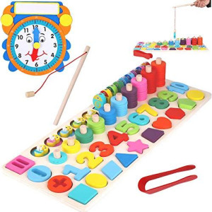 Wooden Montessori 7-1 Puzzle Set - Shape Sorter Counting Game, Preschool Education Math Stacking Block Learning Wood Math, Number, Shape, Picking, Stacking, Counting, Fishing Set With Learning Clock