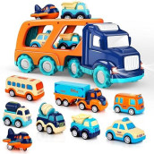 9 Pack Cars Toys For 2 3 4 5 Years Old Toddlers Boys & Girls Gift, Big Transport Truck With 8 Small Cute Pull Back Trucks, Carrier Truck With Sound & Light 13.5 * 5.5 Inch, 2.5 * 1.6 Inch