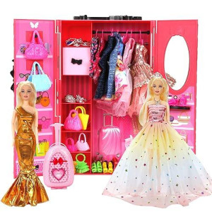 Purpercat 150 Pack Doll Closet Wardrobe Set Contain 19 Pack Complete Clothes And 131 Pieces Doll Accessories - Wardrobe, Shoes, Necklace, Bags And More For 11.5 Inch Doll