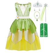 Cotrio Green Fairy Tale Fancy Dresses Girls Frog Princess Tiana Dress Toddler Kids Birthday Party Halloween Costume Outfits With Accessories Role Play Clothes Size 4T (3-4 Years, Green)