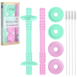 Teething Tube With Safety Shield Baby Hollow Teether Sensory Toys Gum Massager, Food-Grade Silicone For Infant 3-12 Months Boys Girls, 1 Pair With 4 Cleaning Brush Included (Cyan+Orchid)