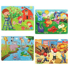Synarry Puzzles For Kids Ages 4-8, 4 Pack Wooden Jigsaw Puzzles For Kids Ages 3-5 Years Old 40 Pieces, Preschool Puzzle Toy Gift For Children Boys And Girls, Farm Dinosaur Animal Construction Theme