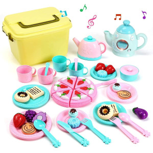 Cute Stone Toy Tea Set For Little Girls, Kids Tea Party Set Includes Kettle With Light & Music, Teapot, Dessert, Cookies, Play Tea Party Accessories & Carrying Case, Kitchen Pretend Play For Kids