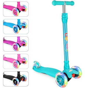 Beleev Scooters For Kids 3 Wheel Kick Scooter For Toddlers Girls Boys, 4 Adjustable Height, Lean To Steer, Light Up Wheels, Extra-Wide Deck, Easy To Assemble For Children Ages 3-12 (Matte Aqua)