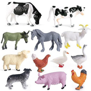 Sienon 12Pcs Realistic Mini Farm Animal Figurines - Plastic Barn Playset, Cake Toppers, Educational Toys For Kids Toddlers