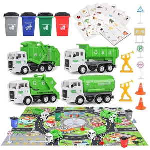 Fivedaogang Small Garbage Truck Toy, 4 Pcs Friction Powered Trash Truck Toys With Kids Playmat Car Rug, 8 Pcs Roadblock Signpost, 4 Trash Bins With 108 Pcs Trash Cards, Gifts For 3+ Years Old Kids