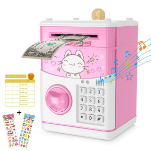 Juneu Electronic Piggy Bank For Kids, Money Bank With Password Cute Atm Piggy Bank Coin Can, Auto Scroll Paper Money Saving Box, Great Toy Gift For Girls Boys Children (Pink-B)