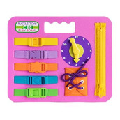 Buckle Toys Busy Board - Montessori Learning Toy For Toddlers Great Kids Road Trip Essentials - Foam Sensory Board - Develop Fine Motor Skills - Pink