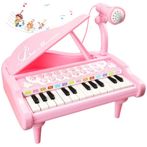 Love&Mini Pink Piano - Toys For 1 2 3 Year Old Girls First Birthday Gifts, Toddler Piano Music Toy Instruments With 24 Keys And Microphone