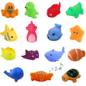 UMBWORLD Preschool Bath Toys Rubber Floating Squeaky Baby Wash Shower Toy for Toddlers Kids Party Decoration15 Pcs (Sea Animal)