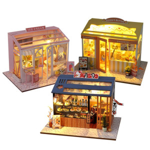 Wyd Food And Play Shop Series Dollhouse Kit,Assembled Toy Houses With Funiture Model Kits For Sushi Shop/Ice Cream Shops/Dessert Shop 3D Creative Birthday New Year Diy Gift Present (3Pcs)