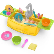 Kindiary Play Kitchen Sink Toy With Running Water For Kids Toddler, Learning Dishwasher Set With Automatic Water Cycle System, Pretend Role Play Toys For Boys Girls