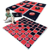 Swooc Games - 2-In-1 Vintage Giant Checkers & Tic Tac Toe Game With Mat (4Ft X 4Ft) - 100% Machine-Washable Canvas - Giant Outdoor Games For Kids - Giant Lawn Games - Yard Games For Kids - Giant Games