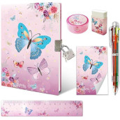Butterfly Girls Diary With Lock, Notebook For Girls Gifts Set Incl. 7X5.4� Kids Journal With 6-Multicolored Pen Memo Pad Ruler Sharpener Eraser For Children Writing Drawing Age 6 7 8 9 10 Years
