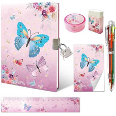 Girls Diary With Lock, Kids Journal Stationary Set For Preschool Teen Learning Writing Drawing Age 6,8,10,12 Years Butterfly Gift With Notebook Memo Notepad 6 Multicolored Pen Ruler Sharpener Eraser