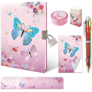 Butterfly Girls Diary With Lock, Notebook For Girls Gifts Set Incl. 7X5.4� Kids Journal With 6-Multicolored Pen Memo Pad Ruler Sharpener Eraser For Children Writing Drawing Age 6 7 8 9 10 Years
