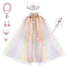 Fedio Princess Cape Set 7 Pieces Girls Princess Cloak With Tiara Crown, Wand For Little Girls Dress Up (Rainbow)