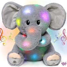 Hopearl Led Musical Stuffed Elephant Light Up Singing Plush Toy Adjustable Volume Lullaby Animated Soothe Birthday Festival For Kids Toddler Girls, Gray, 11''