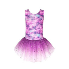 Eqsjiu Skirted Leotards With Skirt For Girls Gymnastics Purple Cloud 7-8 7/8 Years Old Galaxy Dance Dresses White Gradient Colors Stars