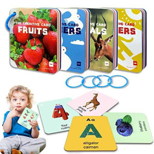 Richgv Flash Cards For Toddlers 1-2-3-4 Years Old, Bilingual 4 Sets Flash Cards For Baby 6 12 18 Months, Alphabet Numbers Fruits Animals, Learning & Education Toys Gifts Kindergarten Preschool