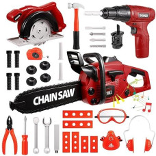 Vextronic Kids Tool Set 36 Pcs With Toy Chainsaw Electronic Toy Drill With Sound And Light, Pretend Play Kids Tool Box Construction Toy, Great Toy Tool Set For Toddlers Boys Girls Ages 3+
