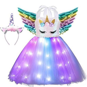 Soyoekbt girls Unicorn costume LED Light Up Unicorn Princess Tutu Dress for Birthday Party Halloween with Headband Wing