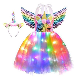 Viyorshop Girl Unicorn Tutu Dress Led Light Up Birthday Party Outfit For Halloween Costumes (Rainbow Sequins, 5-6 Years)