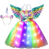 Soyoekbt Unicorn Costume For Girls Led Light Up Unicorn Dress Birthday Party Tutu Princess Dress With Headband Rainbow Sequin+White Led 3-4Years