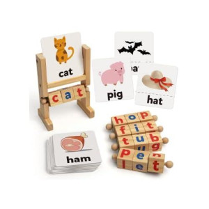 Coogam Wooden Reading Blocks Short Vowel Rods Spelling Games, Flash Cards Turning Rotating Letter Puzzle For Kids, Site Words Montessori Spinning Alphabet Learning Toy For Preschool Boys Girls