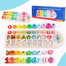 Qzmtoy Wooden Number Puzzle For Toddler Activities With Clock,Montessori Toys For 3 Year Old,Shape Sorting Counting Stacking Game For Age 3 4 5 Year Olds Kids,Math Learning Toys For Toddlers