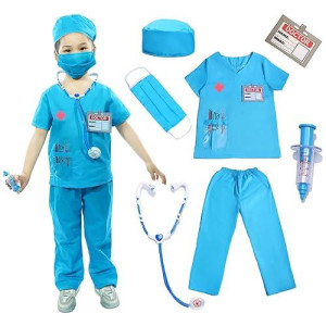 Wbesty Kids Scrubs For Girls Kids Doctor Costume 7Pcs Play Kits With Costume And Accessories For Halloween Parties, Blue 5-7Y