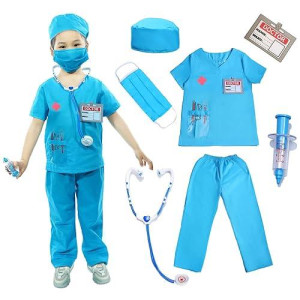Wbesty Kids Scrubs For Girls Kids Doctor Costume 7Pcs Play Kits With Costume And Accessories For Halloween Parties, Blue 5-7Y