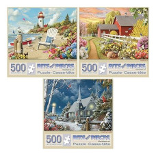 Bits And Pieces - Value Set Of 3-500 Piece Jigsaw Puzzles For Adults - 500 Pc Large Piece Village Jigsaws By Artist Wilfrido Limvalencia - 18" X 24"