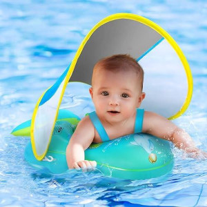 No Flip Over Baby Pool Float With Canopy Upf50+ Sun Protection, Inflatable Float With Sponge Safety Support Bottom, Fun Gifts Water Toys Accessories Baby Swim Floats For Pool 3-36 Months