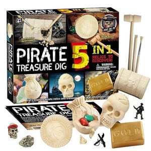 Byncceh Pirate Treasure Dig Kit - Pirate Toy For Kids - Dig Up 5 Real Treasures Gemstone Digging Kits Explore Great Archaeology Science Educational Gifts Stem Toy For Boys & Girls Ages 6-12