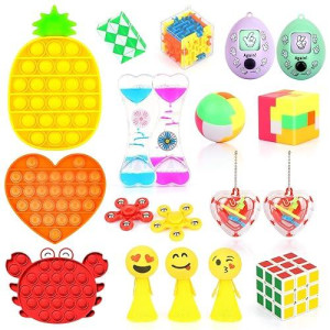 Fidget Toys Set With 3Pcs Push Pop Bubble Sensory Toys, 18 Pack Stress Relief And Anti-Anxiety Toys For Kids Adults Adhd Add Anxiety Autism With Puzzle Balls, Liquid Motion Timer, Guessing Egg Toys