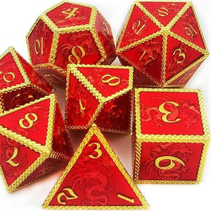Haomeja Dnd Metal Dice Dragon Set 7 Role Playing Dice D&D Dungeons And Dragons Solid Dice Golden Red